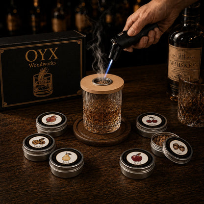 OYX whiskey smoker kit with torch and wood chips for smoked cocktails