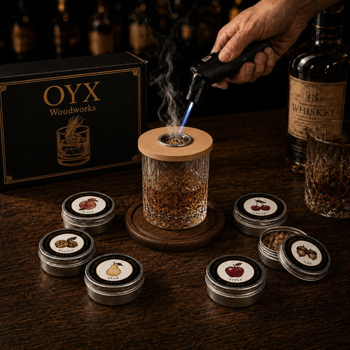 OYX whiskey smoker kit with torch and wood chips for smoked cocktails